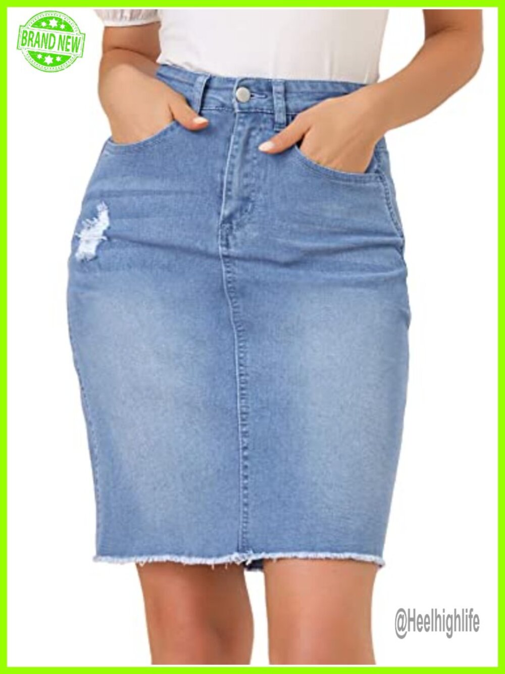 High Waist Distressed Washed Denim Skirt Knee Length Raw Hem